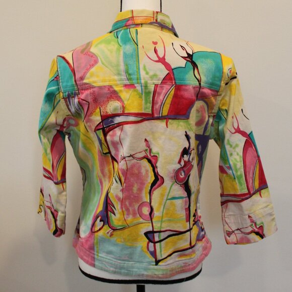 Kaktus Multicolor Abstract Musical Jean Jacket Sz Medium - Picture 4 of 9
